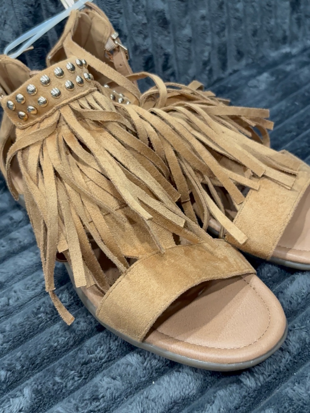 Fringe Suede Open-Toe Sandals in Tan with Stud Detail